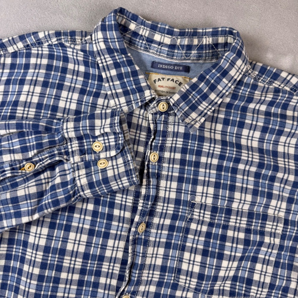 Fat Face Indigo Dye Plaid Button Up Shirt‎ Mens XL Long Sleeve British Design